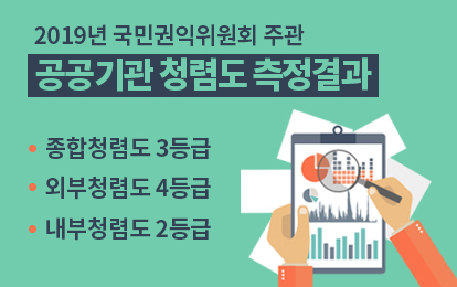 2019년 국민권익위원회 주관 공공기관 청렴도 측정결과 : 종합청렴도 3등급, 외부청렴도 4등급, 내부청렴도 2등급